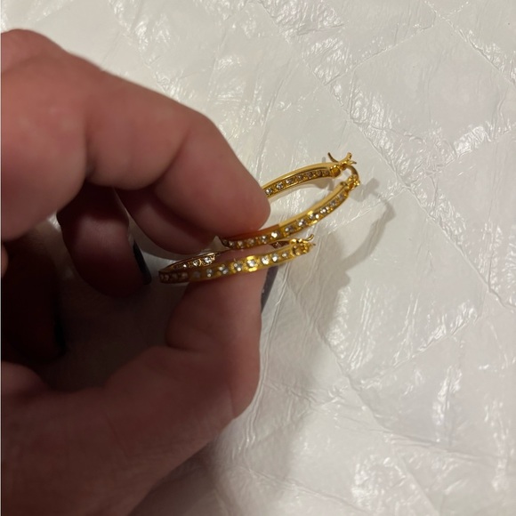 Elegant Gold tone and diamond simulant Hoop Earrings hinged back - Picture 5 of 7